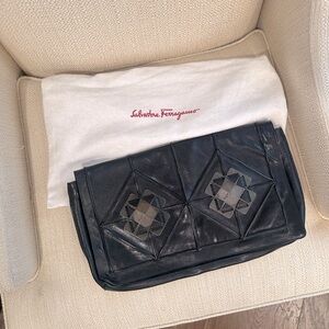 Salvatore Ferragamo Black Leather Origami  Clutch Large Magnetic Closure